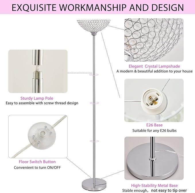 Spherical Crystal Floor Lamp, 1-Light Modern Chrome Finish Floor Lamp, Crystal Floor Lamp Fixture for Living Room, Bedroom, Dining Room, Office, E26 Base, LED Bulb Included - LeafyLoom
