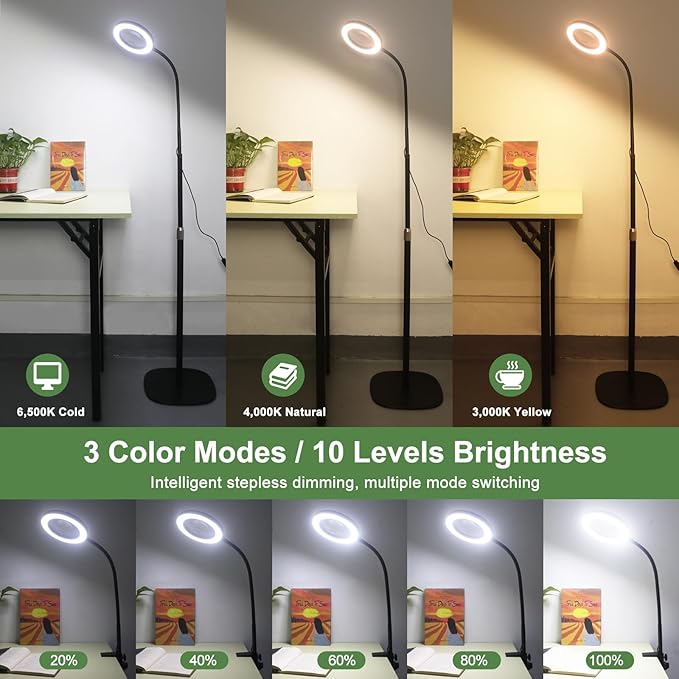 HITTI 10X&15X Floor Magnifying Glass with Light, Flexible Gooseneck Magnifying Floor Lamp, 3 Color Modes Stepless Dimmable LED Lighted Magnifier Stand for Close Work Jewellery Esthetican-Black - LeafyLoom