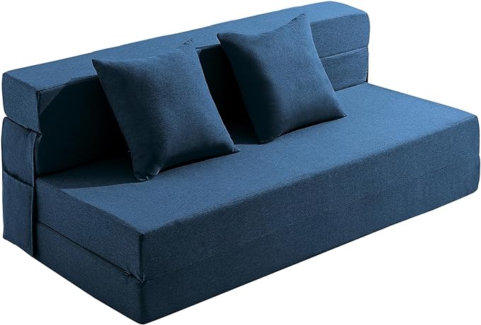 Queen Size Folding Sofa Bed - 4 in 1 Futon Chair with Two Pillows - High Density Memory Foam Foldable Couch with Washable Modern Linen Cover for Home Office (Blue) - LeafyLoom
