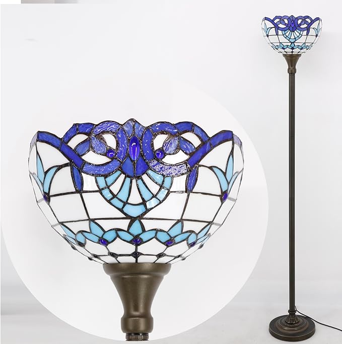 WERFACTORY Tiffany Floor Lamp Navy Blue Baroque Stained Glass Light 12X12X66 Inches Pole Torchiere Standing Corner Torch Uplight Decor Bedroom Living Room Home Office S003B Series - LeafyLoom