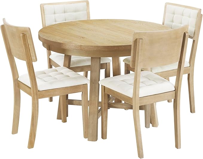 Natural Rustic 42inch Round 4, 5 Piece Upholstered Chairs, Wood Dining Table Set - LeafyLoom