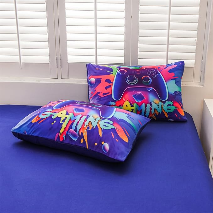 Aimuan Gamer Gaming Bedding Sets 3D Gamepad Comforter Sets for Boys Games Console Action Buttons Novelty Colorful Game Controller Modern Room Decor Home Quilt Set (Purple, Full 6PCS) - LeafyLoom
