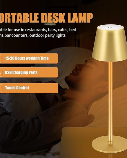 Cordless Table Lamps USB Rechargeable Simplicity Desk Lamp Built-in 4600 mAh Battery LED Battery Operated lamp with Touch Control Table lamp - Bedroom/Desk/Reading/Patio(2Pcs-Gold) - LeafyLoom