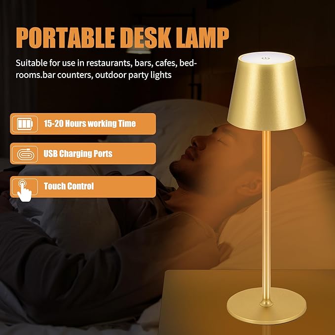 Cordless Table Lamps USB Rechargeable Simplicity Desk Lamp Built-in 4600 mAh Battery LED Battery Operated lamp with Touch Control Table lamp - Bedroom/Desk/Reading/Patio(2Pcs-Gold) - LeafyLoom
