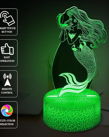 Mermaid Night Light,Gifts for Girls,3D Illusion Lamp,Kids Bedside Lamp,16 Color Change Decor Lamp with Remote & Smart Touch, Gifts for Christmas Birthday Boys Men Girls - LeafyLoom