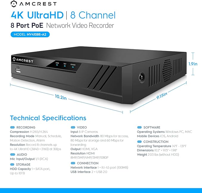 Amcrest NV4108E-A2 4K 8CH POE NVR (1080p/3MP/4MP/5MP/8MP) POE Network Video Recorder - Supports up to 8 x 8MP/4K IP Cameras, 8-Channel Power Over Ethernet Pre-Installed 4TB Hard Drive (NV4108E-4TB) Amcrest