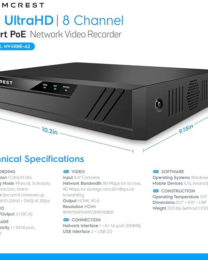 Amcrest NV4108E-A2 4K 8CH POE NVR (1080p/3MP/4MP/5MP/8MP) POE Network Video Recorder - Supports up to 8 x 8MP/4K IP Cameras, 8-Channel Power Over Ethernet Supports up to 10TB HDD (Not Included) Amcrest