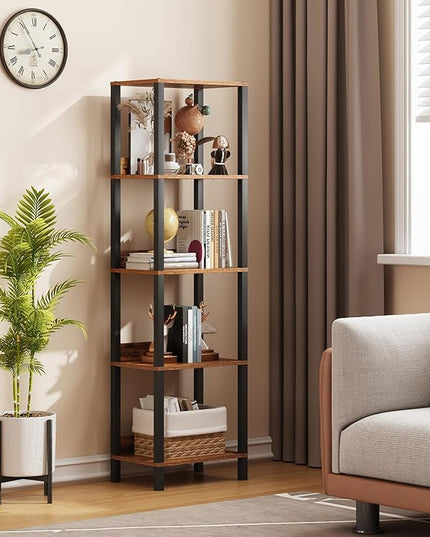 5-Tier Bookshelf with Anti-fall Baffle, Tall Bookcase for Books, Garage Kit, CDs, Movies, Industrial Standing Bookshelves Storage Organizer for Bedroom Office Living Room USSJ001F - LeafyLoom