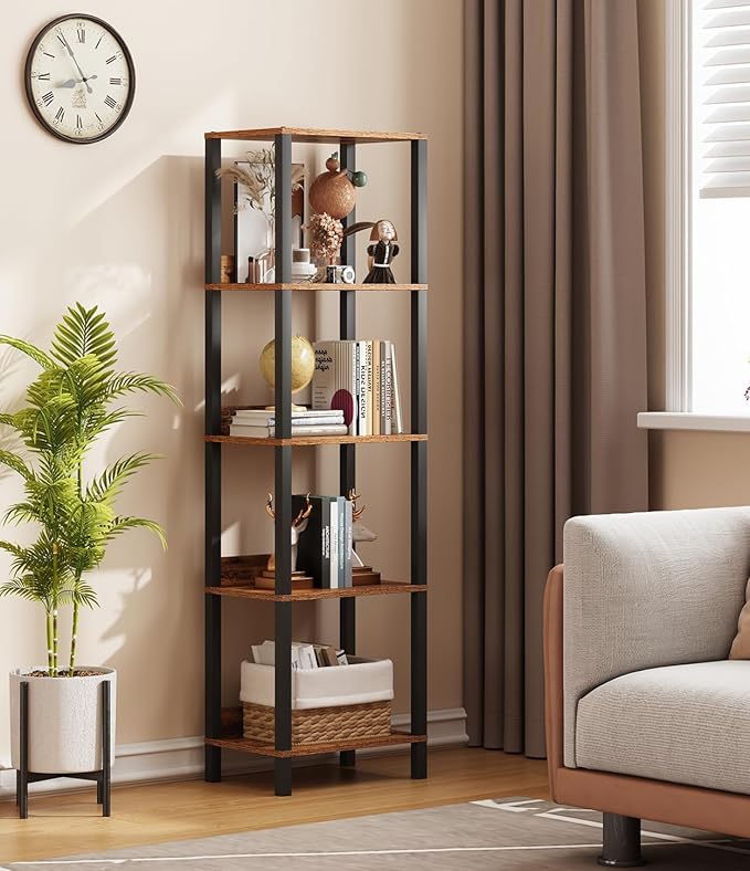 5-Tier Bookshelf with Anti-fall Baffle, Tall Bookcase for Books, Garage Kit, CDs, Movies, Industrial Standing Bookshelves Storage Organizer for Bedroom Office Living Room USSJ001F - LeafyLoom
