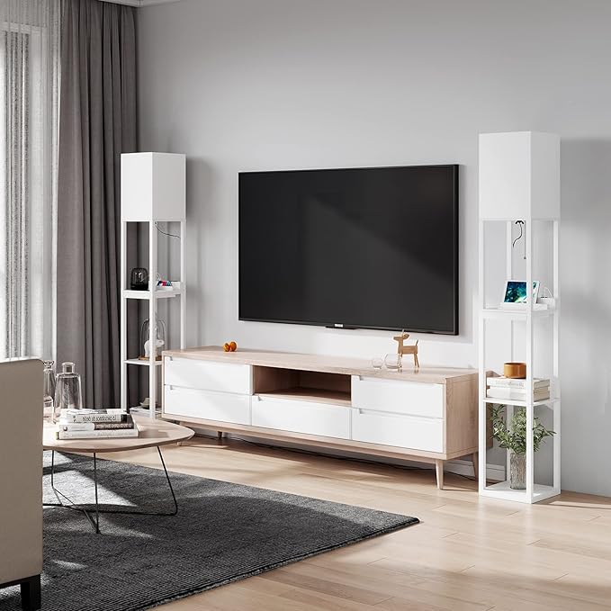 SUNMORY Dimmable Floor Lamp with Shelves,Modern Solid Wood Standing Lamp with 1 Drawer and 2 USB Ports & 2 Power Outlet,Corner Tall Bookshelf Lamp for Living Room and Bedroom(White) - LeafyLoom