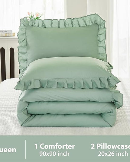 Andency Queen Size Comforter Set, Sage Green Ruffle Bedding Set, 3 Pieces Boho Comforter for Queen Bed, Farmhouse Ruffle Bed Comforter Set, Lightweight and Soft Bedding Comforter for All Seasons - LeafyLoom
