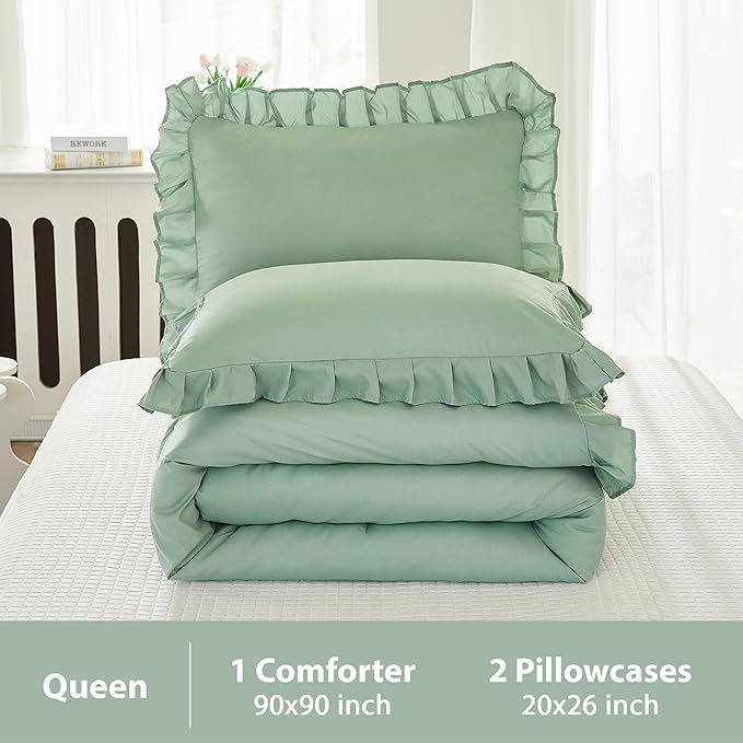 Andency Queen Size Comforter Set, Sage Green Ruffle Bedding Set, 3 Pieces Boho Comforter for Queen Bed, Farmhouse Ruffle Bed Comforter Set, Lightweight and Soft Bedding Comforter for All Seasons - LeafyLoom