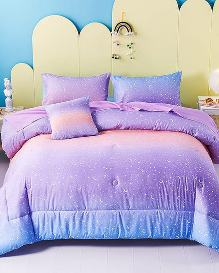 URBONUR Girls Comforter Set Queen 6PCS Gradient Purple Orange Glitter Moon Star Printed Bed in a Bag Soft Breathable Bedding Set for All Season (Star, Queen Size) - LeafyLoom