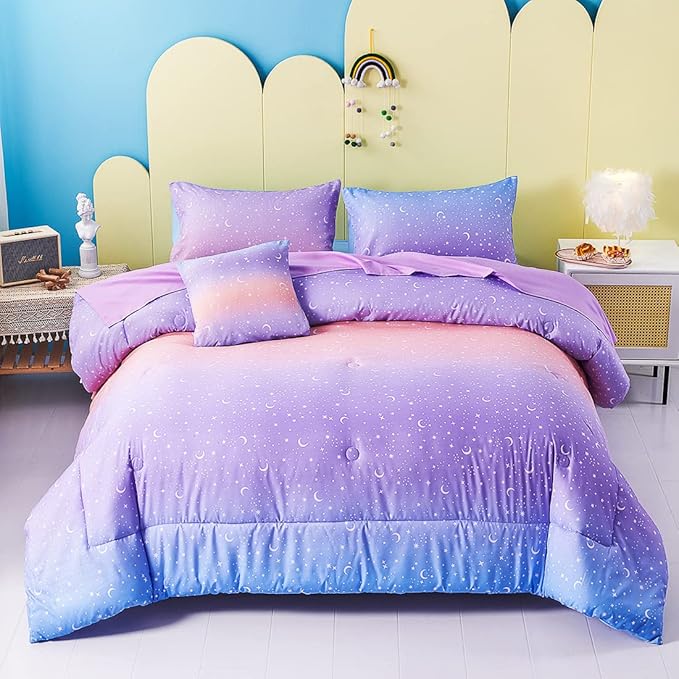 URBONUR Twin Comforter Set for Girls 6Pcs Gradient Purple Orange Blue Moon Star Printed Bed in a Bag Soft Breathable Bedding Set for All Season (Star, Twin Size) - LeafyLoom