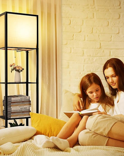 Wide Floor Lamp with Shelves for Living Room Bedroom Office, 4-Tier 2700 4000K 5000K Color Selectable Modern Shelf Floor Lamp with 15W LED Bulb Black. - LeafyLoom
