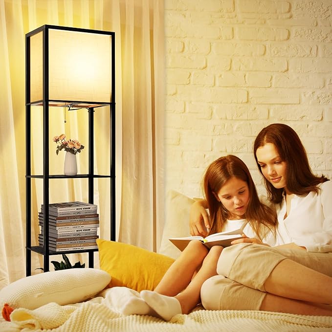 Wide Floor Lamp with Shelves for Living Room Bedroom Office, 4-Tier 2700 4000K 5000K Color Selectable Modern Shelf Floor Lamp with 15W LED Bulb Black. - LeafyLoom