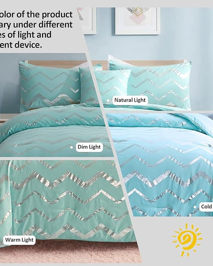 Aqua Comforter Set King Size, Metallic Teal and Silver Bedding Set, 4 Piece Lightweight Microfiber Comforter for Teen Girls Women (2 Pillow Shams + 1 Decorative Pillow Sham) - LeafyLoom