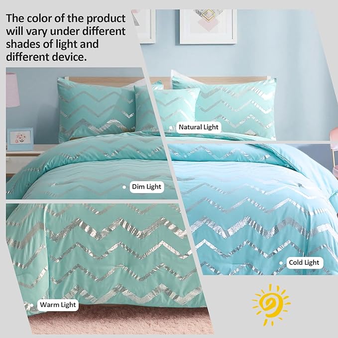 Aqua Comforter Set King Size, Metallic Teal and Silver Bedding Set, 4 Piece Lightweight Microfiber Comforter for Teen Girls Women (2 Pillow Shams + 1 Decorative Pillow Sham) - LeafyLoom