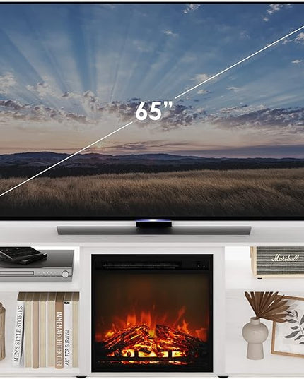 Furinno Jensen Open Storage Fireplace Entertainment Center for TV up to 70 Inch with Stainless Steel Tubes, White Oak/Chrome - LeafyLoom