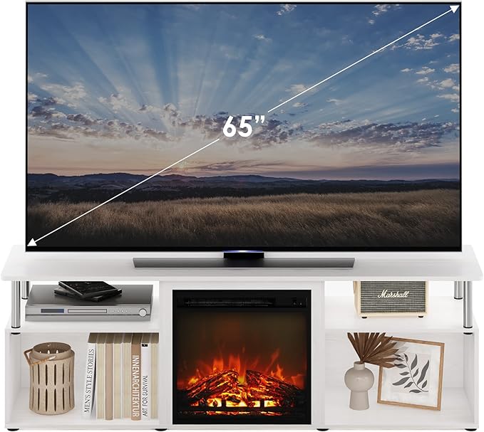 Furinno Jensen Open Storage Fireplace Entertainment Center for TV up to 70 Inch with Stainless Steel Tubes, White Oak/Chrome - LeafyLoom