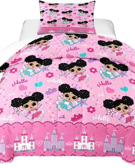 Girl Comforter Set Twin Size, Black Girl Comforter Set, African American Little Girl Twin Comforter Sets Decor for Girls Bedroom 2 Piece Pink Twin Quilt Set with 1 Comforter 1 Pillowcases - LeafyLoom