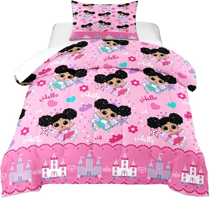 Girl Comforter Set Twin Size, Black Girl Comforter Set, African American Little Girl Twin Comforter Sets Decor for Girls Bedroom 2 Piece Pink Twin Quilt Set with 1 Comforter 1 Pillowcases - LeafyLoom