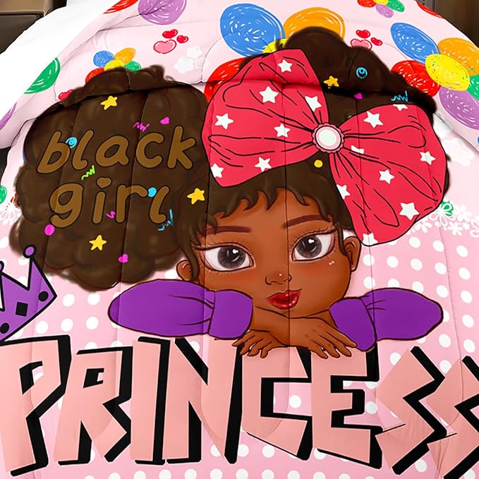 Black Girl Queen Comforter Set Black African American Girls Queen Comforter Set Princess Queen Bedding Set Room Decor Black Girl Kids Queen Bedding Sets for Girls, 1 Comforter+2 Pillowcases - LeafyLoom