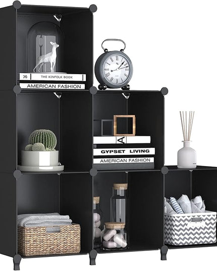 FUNLAX Cube Storage Shelf, 6 Storage Cubes Closet Organizers and Storage Portable Cube Storage Organizer Plastic Bookshelf Bookcase for Study Room, Bedroom, Office, Black - LeafyLoom