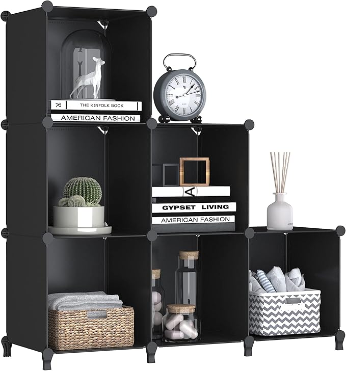 FUNLAX Cube Storage Shelf, 6 Storage Cubes Closet Organizers and Storage Portable Cube Storage Organizer Plastic Bookshelf Bookcase for Study Room, Bedroom, Office, Black - LeafyLoom