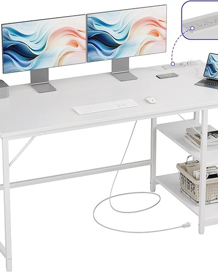 Small Gaming Computer Desk with Table Power Outlets,Home Office Desk with Storage Shelves and USB & Type-C Outlet，Adjustable standing desk,Electric desk,study desk，White,55inches - LeafyLoom