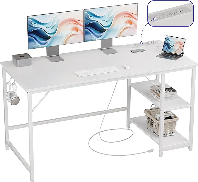Small Gaming Computer Desk with Table Power Outlets,Home Office Desk with Storage Shelves and USB & Type-C Outlet，Adjustable standing desk,Electric desk,study desk，White,55inches - LeafyLoom