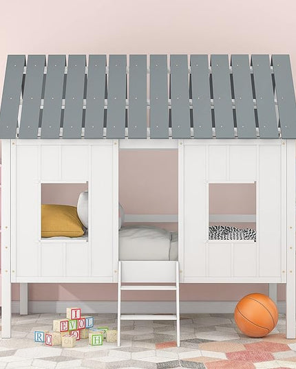 Twin Size Low Loft House Bed with Roof and Two Front Windows, Perfect for Kids Bedroom,Space Saving Design & No Box Spring Needed,80.4"x45.2"x71.4", White - LeafyLoom