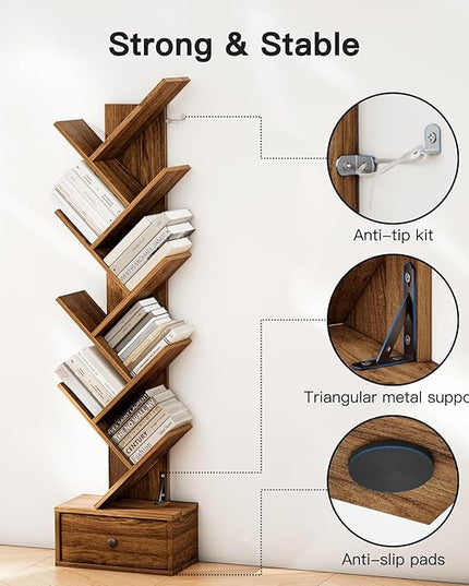 Pipishell Bookshelf with Drawer, 8-Tier Vertical Tree Bookshelf, Modern Bookcase, Modern Book Storage, Book Shelf Organizer for Living Room, Bedroom, Home Office, Rustic Brown, PIBS03WN - LeafyLoom