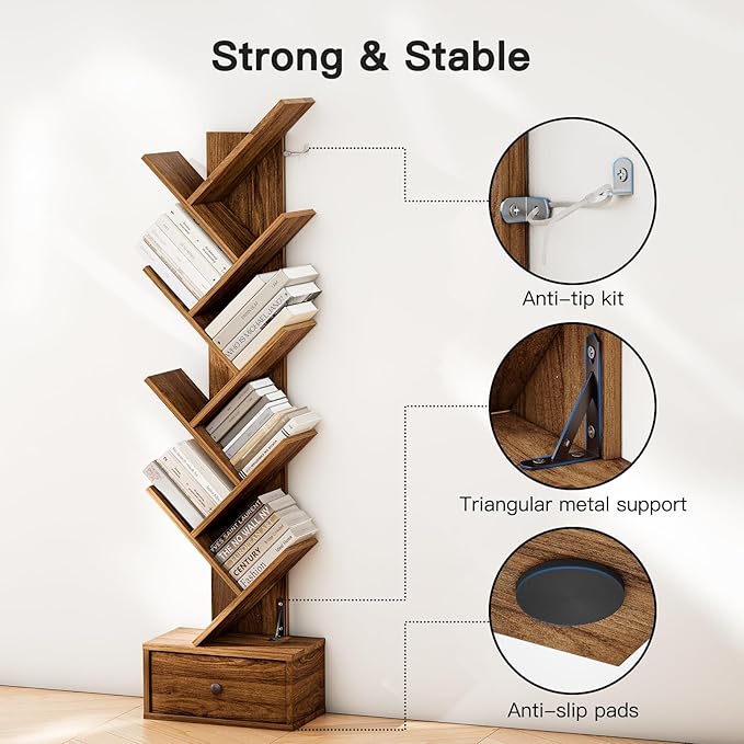 Pipishell Bookshelf with Drawer, 8-Tier Vertical Tree Bookshelf, Modern Bookcase, Modern Book Storage, Book Shelf Organizer for Living Room, Bedroom, Home Office, Rustic Brown, PIBS03WN - LeafyLoom