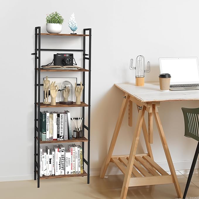 CADUKE 5 Tier Industrial Bookshelf Tall Bookcase with Storage Book Shelf Stand Wood and Metal Book Shelves for Office Brown Bookcase Shelf for Bedroom Kids Room - LeafyLoom
