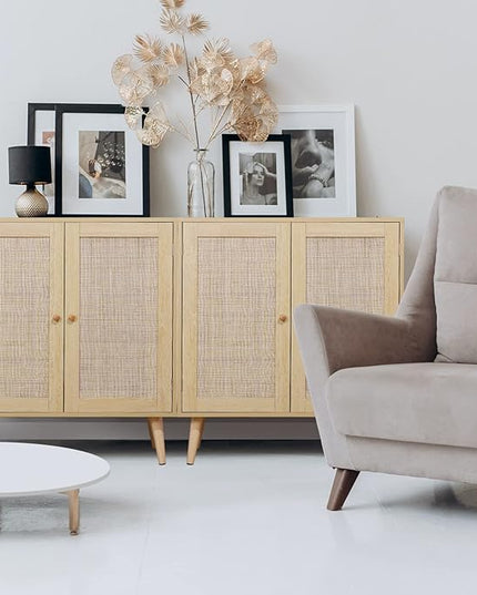 Sideboard Buffet Cabinet with Storage, Kitchen Storage Cabinet with Rattan Doors, Rattan Cabinet with Adjustable Shelves for Hallway, Living Room, 31.5 x 15.7 x 35 Natural, Assemble Easily - LeafyLoom