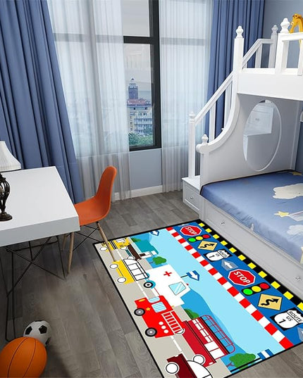 Cartoon Ambulance Car Area Rug Car Carpet for Kids Play Rug for Cars and Trucks Car Rug Play Mat Car Track Rug Truck Rugs for Boys Room Rugs for Boys Bedroom,Light Blue 3'×4' - LeafyLoom