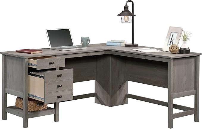 Sauder Cottage Road L-Desk, L: 65.12" x W: 58.66" x H: 29.76", Mystic Oak finish - LeafyLoom