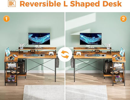 ODK 48 Inch Gaming Desk with USB Charging Ports and LED Lights, Reversible L Shaped Computer Desk with Storage Shelves & Monitor Stand, Corner Home Office Desk Table with Power Outlets, Vintage - LeafyLoom