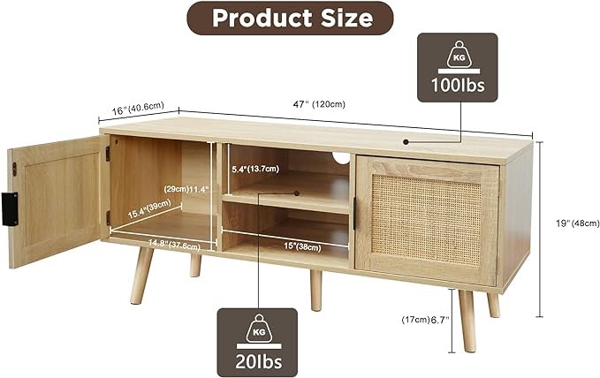 Anmytek Farmhouse Rattan TV Stand Modern Wood Media Entertainment Center Console Table for TVs up to 55 Inches with 2 Doors and 2 Open Shelves, Natural Oak, H0015 - LeafyLoom