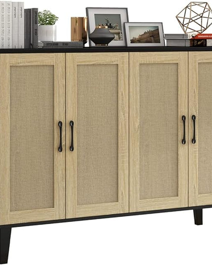 Panana Buffet Storage Cabinet with Rattan Decorating 4 Doors Living Room Kitchen Sideboard 48.43 x 34.65 x 15 inch (Black) - LeafyLoom