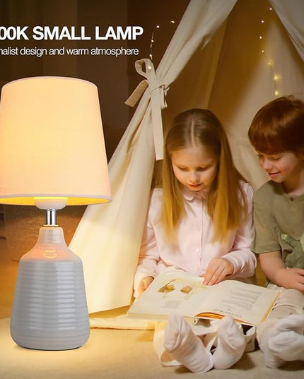 AIDENOEY Small Table Lamp for Bedroom -Bedside Desk Reading Lamps with 3 Way DimmableTouch Control,Nightstand Ceramic Lamp with Fabric Shade for Kids Room,Living Room,Dorm,Home Office (Light Grey) - LeafyLoom