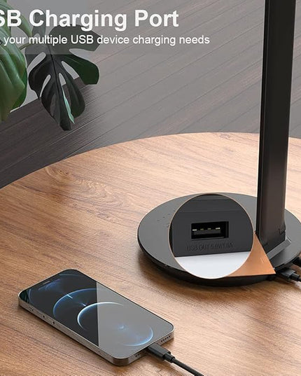 LED Desk Lamp with USB Charging Port, Touch Control Dimmable Office Lamp, 5 Color Modes 6 Brightness Levels Eye-Caring Table Lamp for Home Office Bedroom Reading Study, Black - LeafyLoom