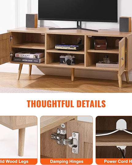 VEVOR Rattan TV Stand, Boho TV Cabinet for 55 inch TV, Mid Century Modern TV Stand, Rattan TV Console with Adjustable Shelfs for Living Room, Media Room, Oak - LeafyLoom