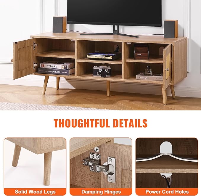 VEVOR Rattan TV Stand, Boho TV Cabinet for 55 inch TV, Mid Century Modern TV Stand, Rattan TV Console with Adjustable Shelfs for Living Room, Media Room, Oak - LeafyLoom