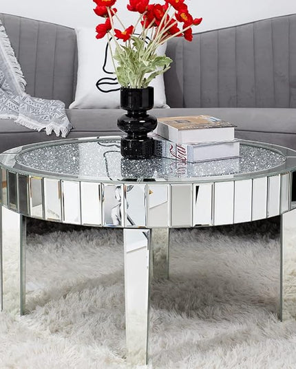 Mirrored Coffee Table with Crystal Inlay, 31.5'' Modern Round Coffee Table with Mirror Surface, Silver Accent Table for Living Rooms Bedrooms Entryways Decor - LeafyLoom
