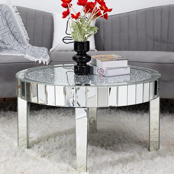 Mirrored Coffee Table with Crystal Inlay, 31.5'' Modern Round Coffee Table with Mirror Surface, Silver Accent Table for Living Rooms Bedrooms Entryways Decor - LeafyLoom