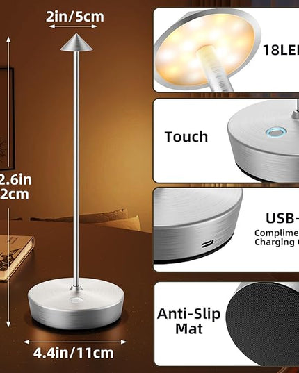 Cordless Rechargeable Table Lamp-Protable 6000mAh Battery Operated Outdoor Waterproof Table Light- Dimmable Desk Lamps LED Touch for Outdoor Patio Dining Restaurant Home Living Room (Silver - LeafyLoom