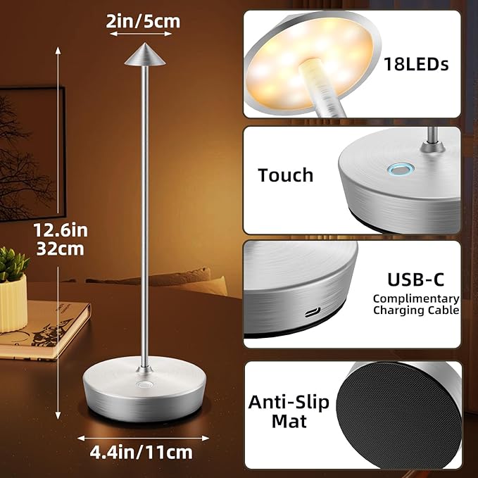 Cordless Rechargeable Table Lamp-Protable 6000mAh Battery Operated Outdoor Waterproof Table Light- Dimmable Desk Lamps LED Touch for Outdoor Patio Dining Restaurant Home Living Room (Silver - LeafyLoom