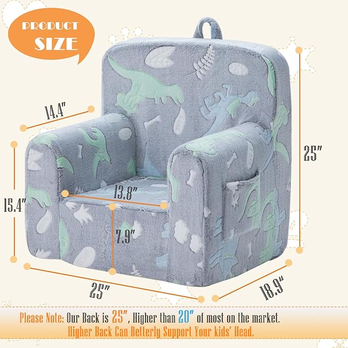 Snuggly-Soft Cuddly Toddler Plush Armchair for Boys and Girls Glowing Grey Fuzzy Plush Kids Sofa Couch Reading Chair with Children Friendly Handle for Easy Movement & Double Pockets for Storage - LeafyLoom